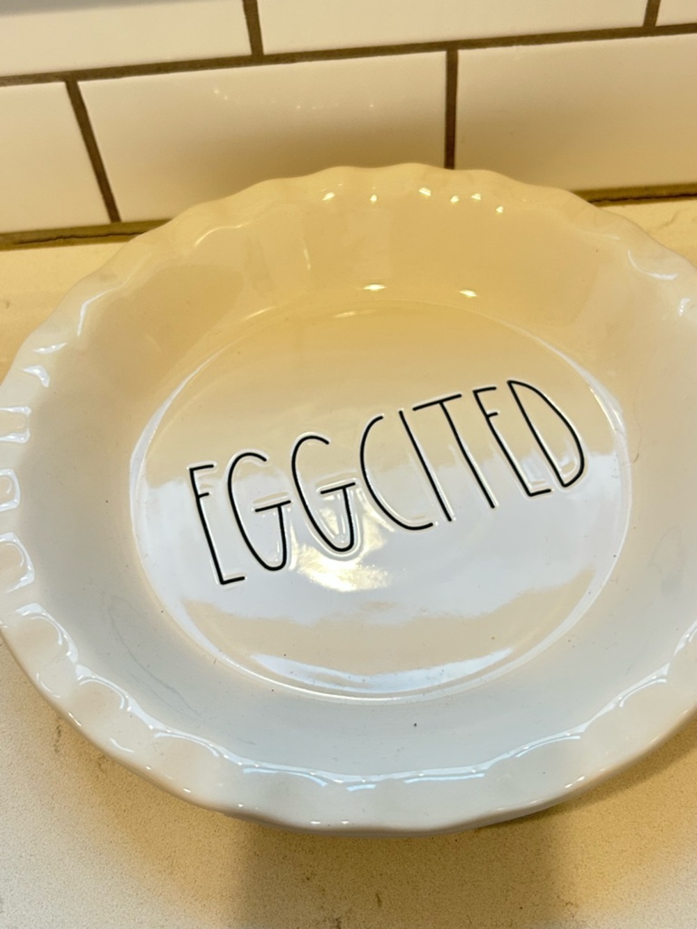 Rae Dunn Eggcited White Ceramic Pie Dish